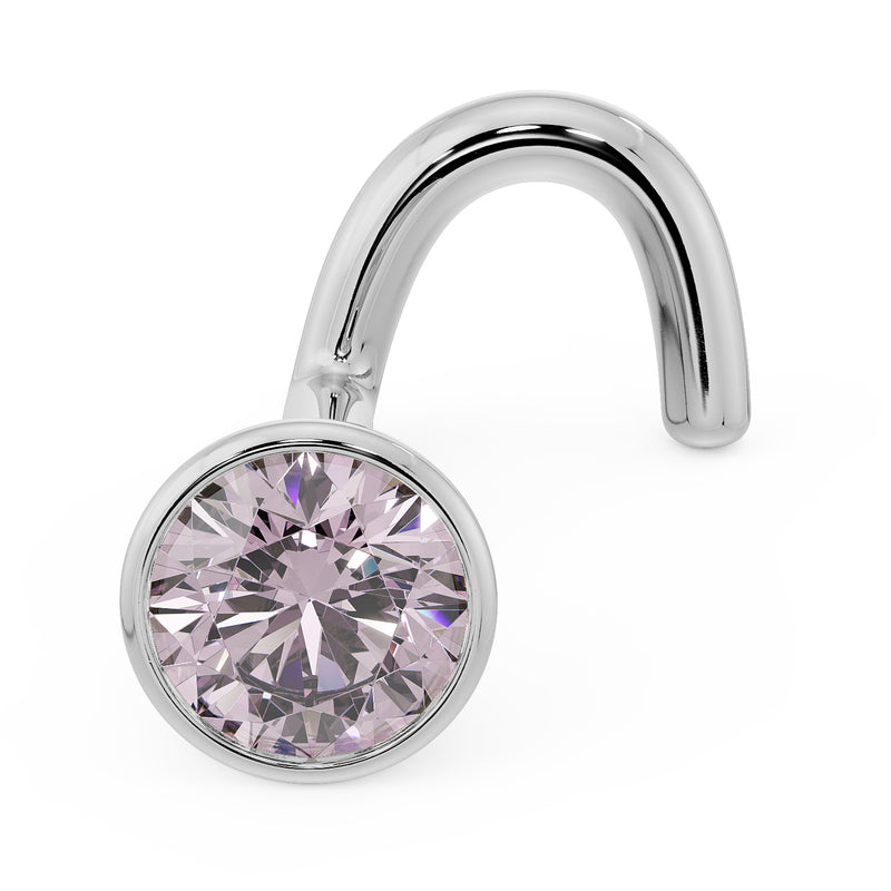 14k white gold pink diamond bezel nose ring with twist screw post, angled side view