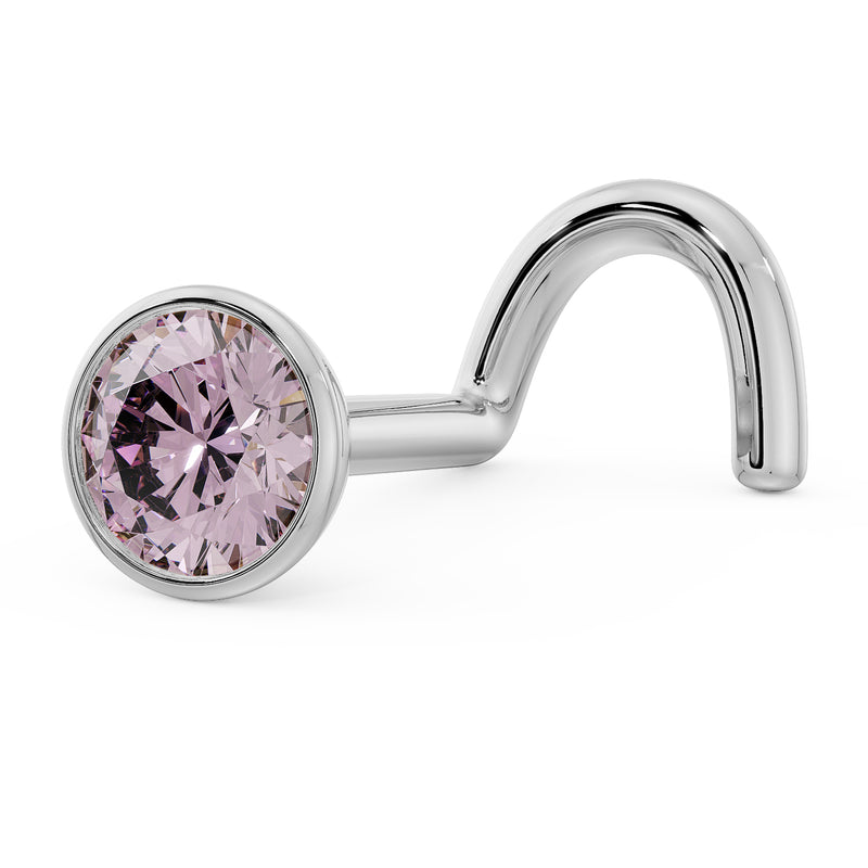 Side profile of 14k white gold pink diamond bezel nose screw showing twist post shape and depth