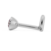 True side profile of white gold pink diamond bezel nose stud with L-post, showing post length