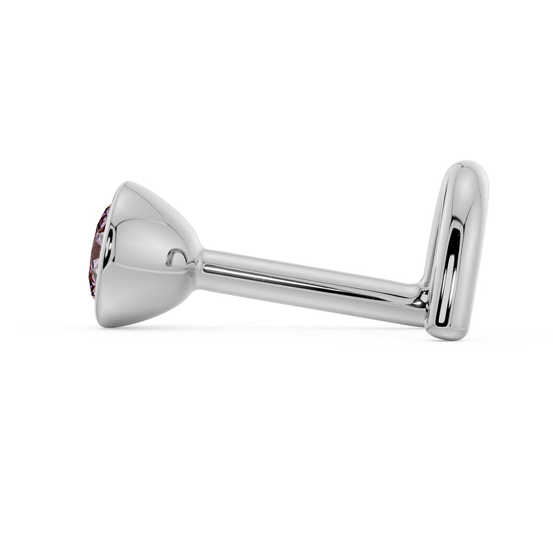 True side profile of white gold pink diamond bezel nose stud with L-post, showing post length
