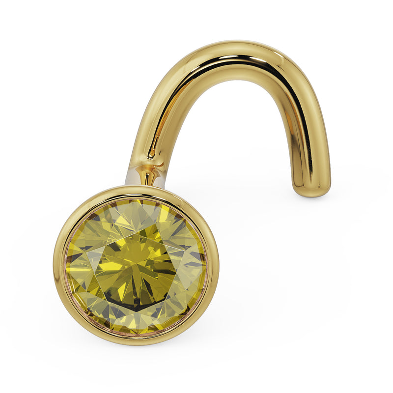 14k yellow gold 3mm yellow diamond bezel nose stud with twist post, front angle view