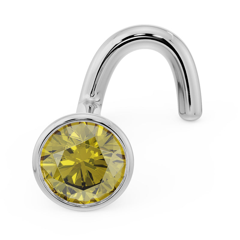 14k white gold yellow diamond bezel nose stud with twist post, front angle view