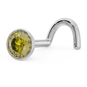 14k white gold yellow diamond bezel nose stud showing twist post style from side angle
