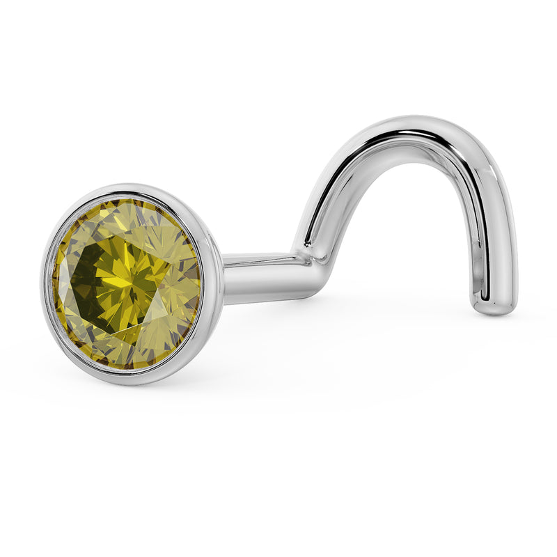 14k white gold yellow diamond bezel nose stud showing twist post style from side angle