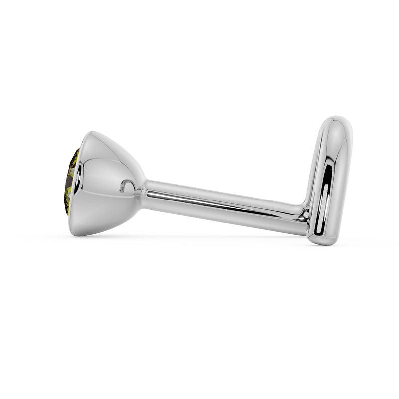 Side profile of white gold yellow diamond nose stud showing L-post style and bezel back