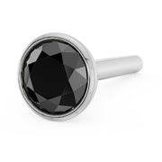 14k white gold black diamond bezel nose stud, straight post, close front-angled view of setting