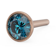 14k rose gold 3mm blue diamond bezel nose stud with straight post, face-up angled view