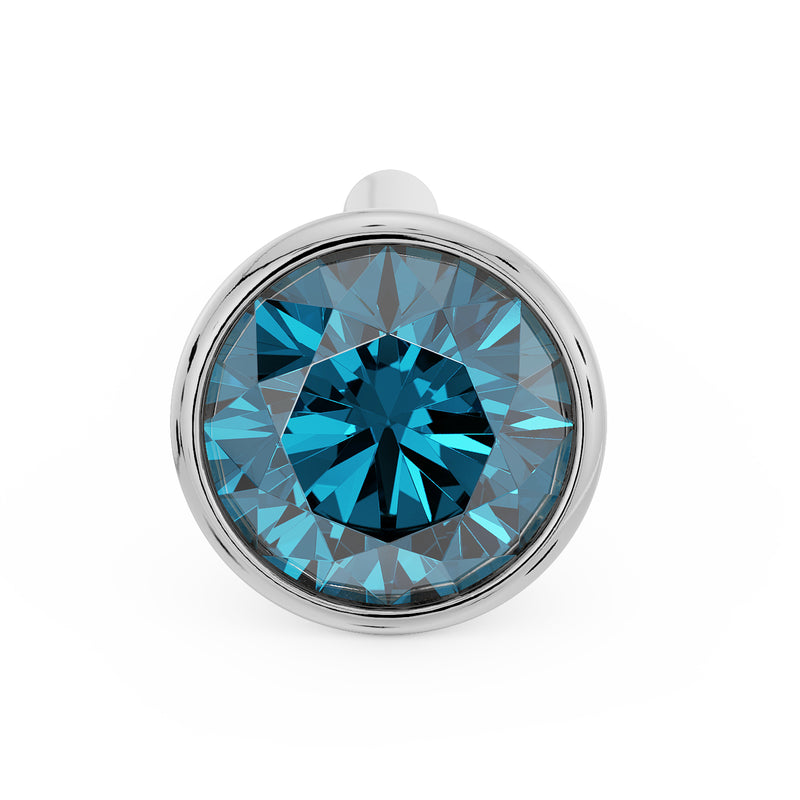 Overhead front view of white gold 3mm blue diamond bezel nose stud, straight post visible