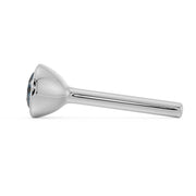 Side profile of white gold blue diamond bezel nose stud with straight post and bezel back detail