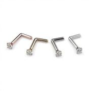2mm diamond L-post nose rings in rose gold, yellow gold, and white gold, all four color variants