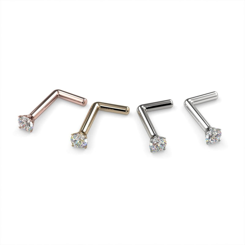 2mm diamond L-post nose rings in rose gold, yellow gold, and white gold, all four color variants