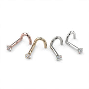 2mm diamond twist nose rings in rose gold, yellow gold, and white gold shown together for color comparison