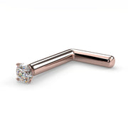 14k rose gold 1.5mm diamond L post nose stud, 18G, angled view with rose gold L-shaped post