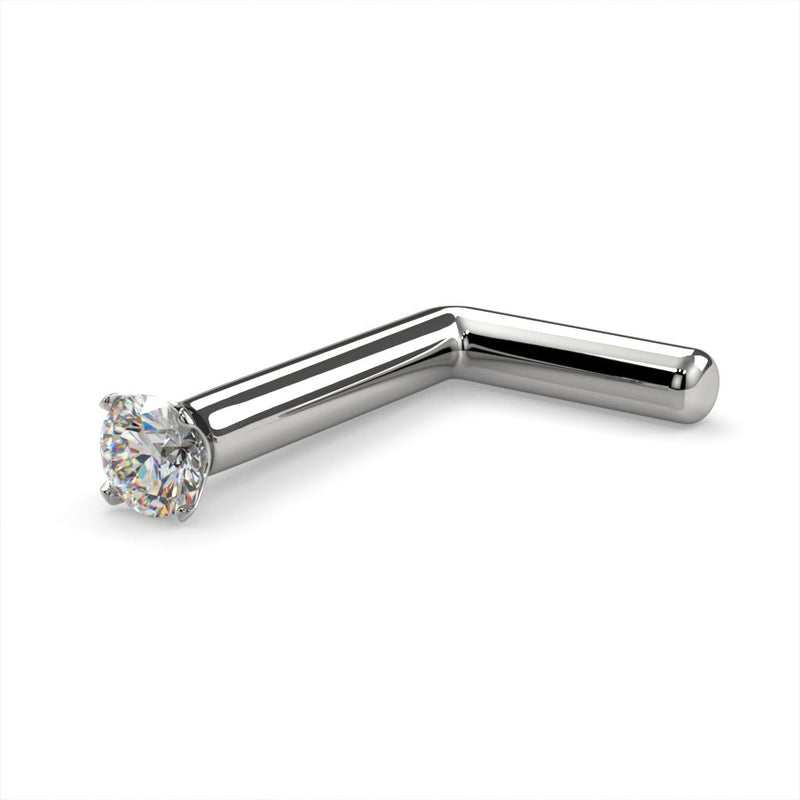14k white gold 1.5mm diamond L post nose stud, 18G, angled view showing L-shaped backing