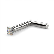 Platinum 1.5mm diamond L post nose stud, 18G, angled view showing L-bend in platinum