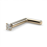 14k yellow gold 1.5mm diamond L post nose stud, 18G, angled view showing L-bend in yellow gold