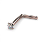 14k rose gold 1.5mm diamond L post nose stud, 20G, side view with rose gold L-post backing
