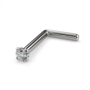 14k white gold 1.5mm diamond L post nose stud, 20G, side view showing L-bend and prong detail