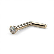 14k yellow gold 1.5mm diamond bezel nose ring L post style, angled view showing bent post