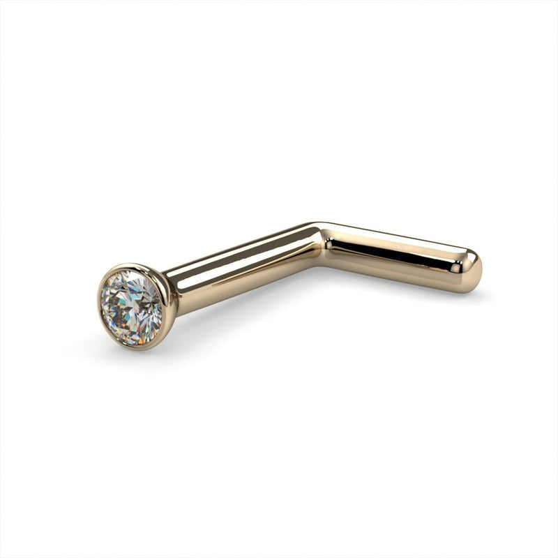 14k yellow gold 1.5mm diamond bezel nose ring L post style, angled view showing bent post