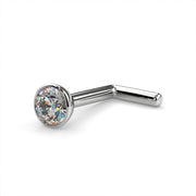 Platinum 2.5mm diamond bezel nose stud L post style, angled view showing bent post and bezel head