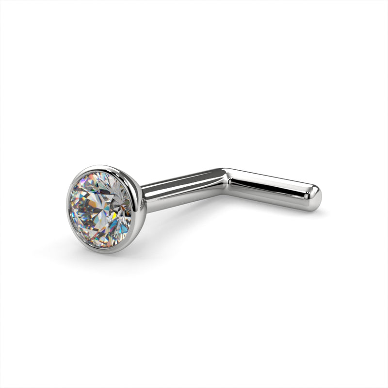 Platinum 2.5mm diamond bezel nose stud L post style, angled view showing bent post and bezel head