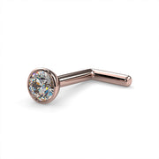 14k rose gold 2.5mm diamond bezel nose stud L post style, angled view showing warm pink gold tone