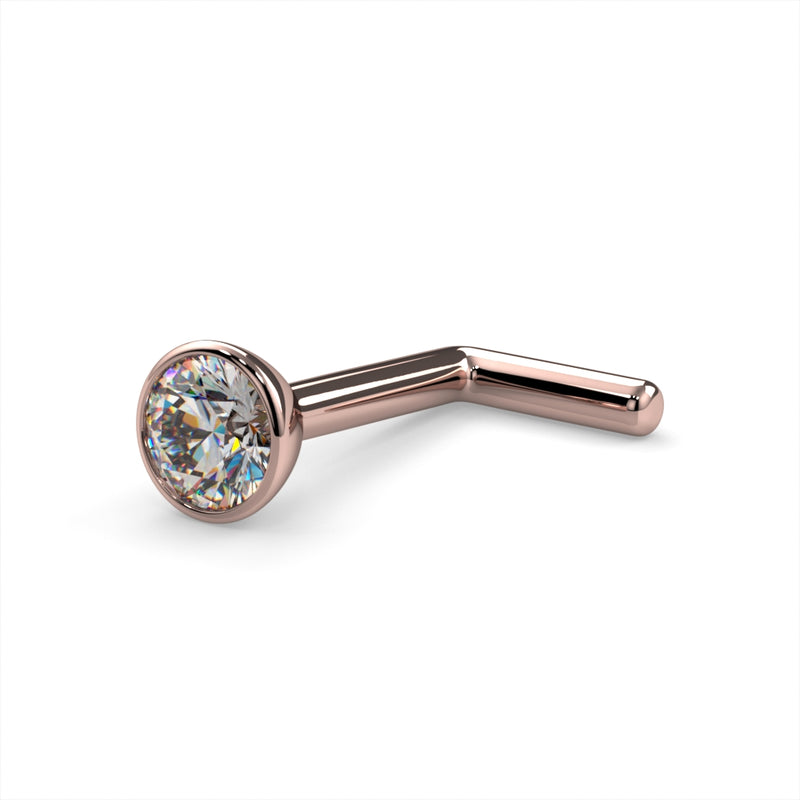 14k rose gold 2.5mm diamond bezel nose stud L post style, angled view showing warm pink gold tone