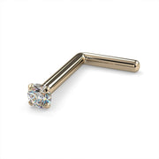 14k yellow gold 1.5mm diamond L post nose stud, 20G, side view with L-shaped yellow gold post