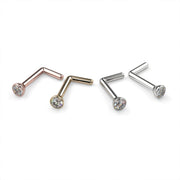 Diamond bezel nose stud L post style in rose gold, yellow gold, platinum, and white gold