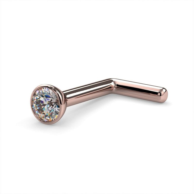 14k rose gold 2mm diamond bezel nose stud, L post style, angled view