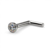Platinum 2mm diamond bezel nose stud, L post style, angled view showing 90-degree bend