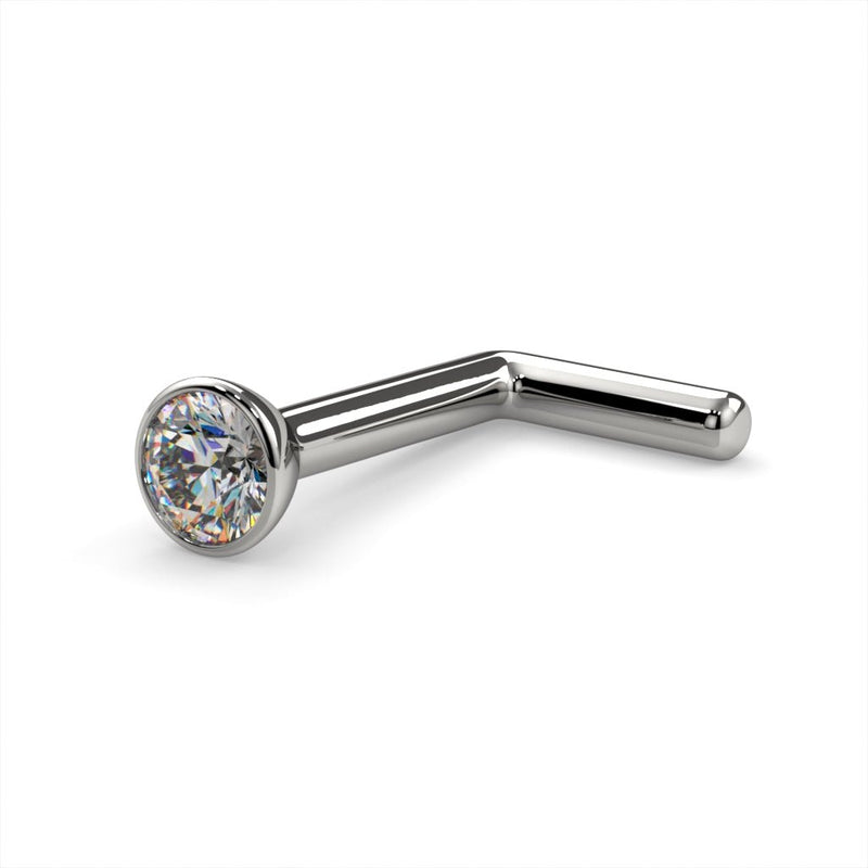 Platinum 2mm diamond bezel nose stud, L post style, angled view showing 90-degree bend