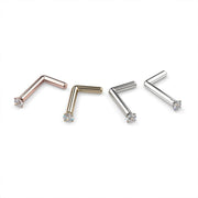 1.5mm diamond L post nose studs in rose gold, yellow gold, white gold, and platinum compared