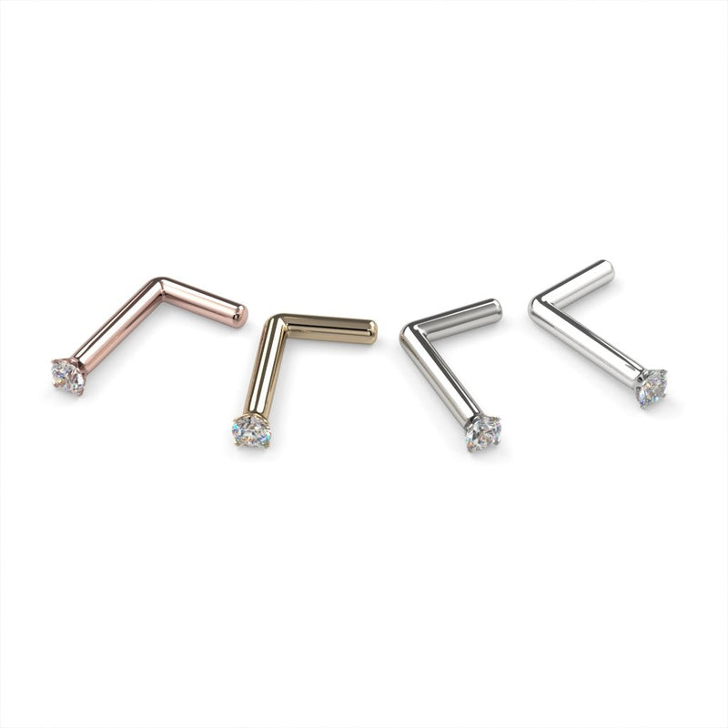 1.7mm diamond L post nose stud in rose gold, yellow gold, white gold, and platinum, side-by-side view