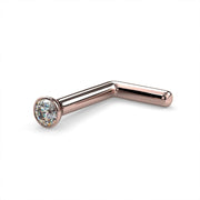 14k rose gold 1.5mm diamond bezel nose ring L post style, angled view showing bent post