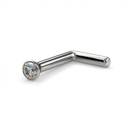 Platinum 1.5mm diamond bezel nose ring L post style, angled view showing bent post