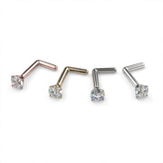 2.5mm diamond L post nose stud in rose gold, yellow gold, white gold, and platinum all four metals