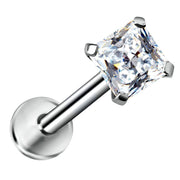 14K white gold flat back labret with 3mm square cubic zirconia, angled product view