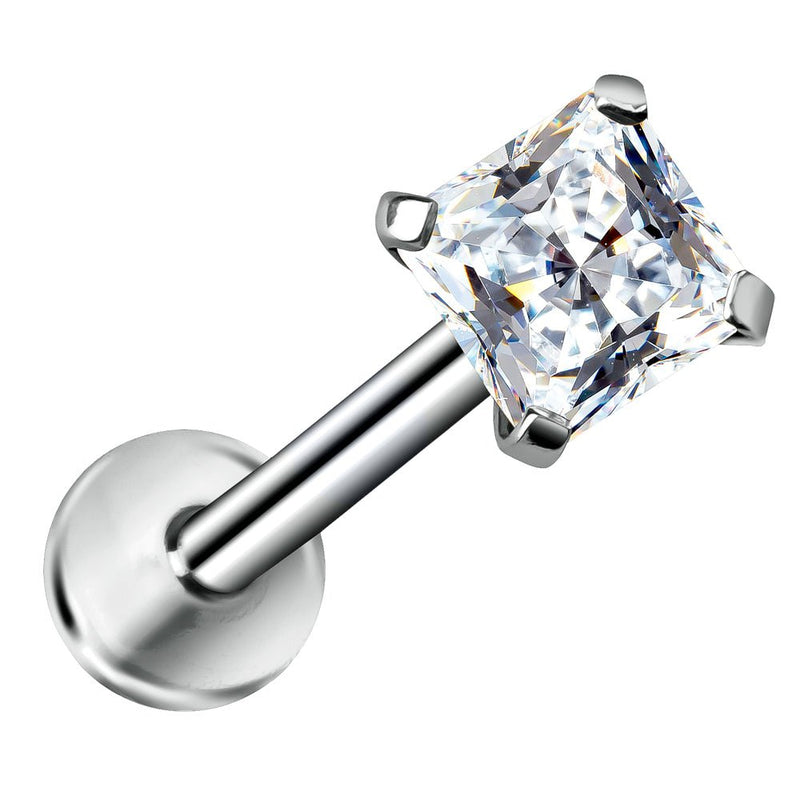 14K white gold flat back labret with 3mm square cubic zirconia, angled product view