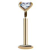 14K yellow gold square CZ labret disassembled showing threaded end and flat back post