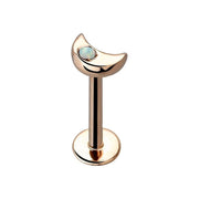 14k rose gold crescent moon opal flat back labret, straight-on front view with post and disc