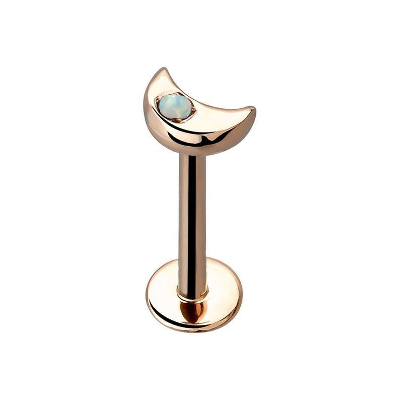 14k rose gold crescent moon opal flat back labret, straight-on front view with post and disc