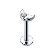 14k white gold crescent moon opal flat back labret, straight-on front view with post and disc