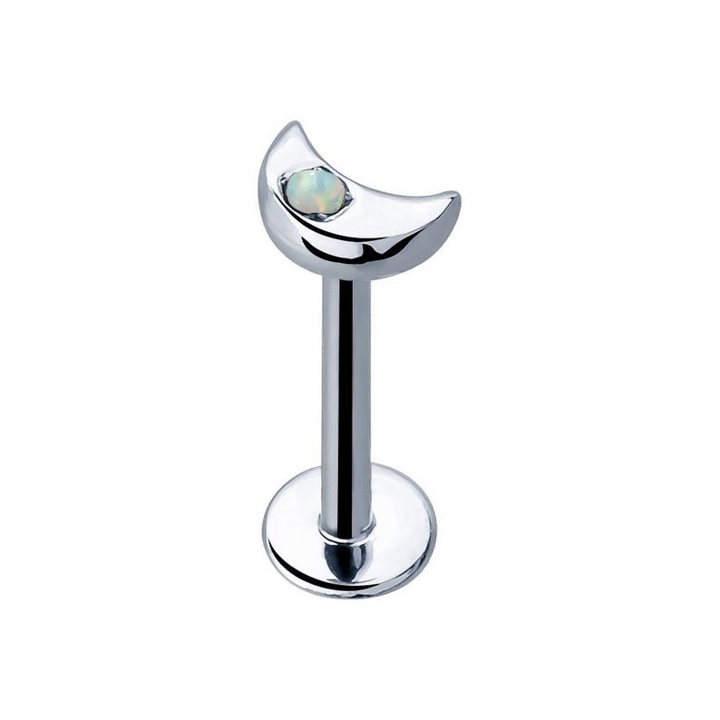 14k white gold crescent moon opal flat back labret, straight-on front view with post and disc