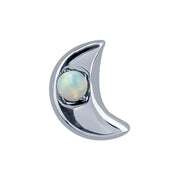 14k white gold crescent moon charm close-up, front view showing prong-set opal and polished finish