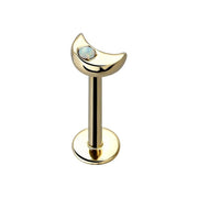 14k yellow gold crescent moon opal flat back labret, straight-on front view with post and disc