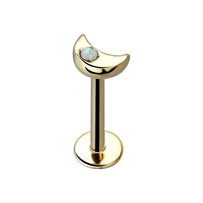 14k yellow gold crescent moon opal flat back labret, straight-on front view with post and disc