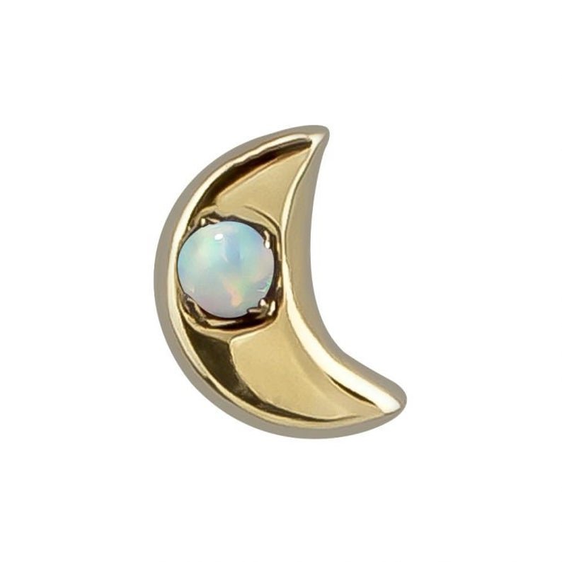 14k yellow gold crescent moon charm close-up, front view showing prong-set opal and polished finish