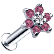 14k white gold pink CZ flower flat back labret, angled side view showing pink petals and clear center CZ